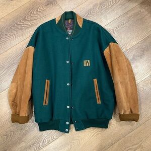 Vintage Wool Blend and Suede Varsity Jacket - Green & Tan